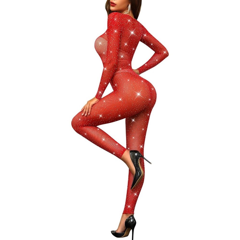Womens Red Fishnet Sexy Mesh Lingerie Sparkle Rhinestone Long Sleeve Bodysuit
